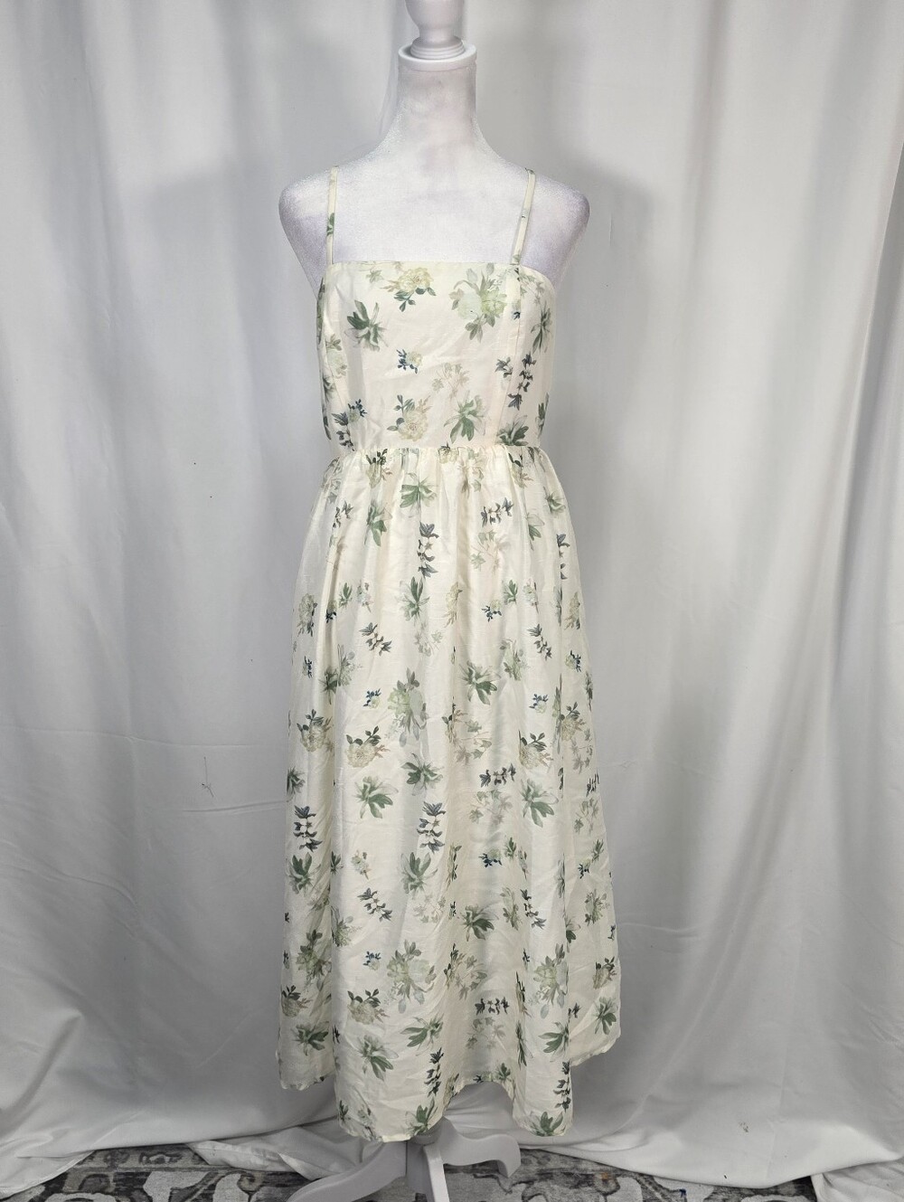 Lulus Perfect Summer Dress Off White With Green Midi Boho Spaghetti Strapes Sz S